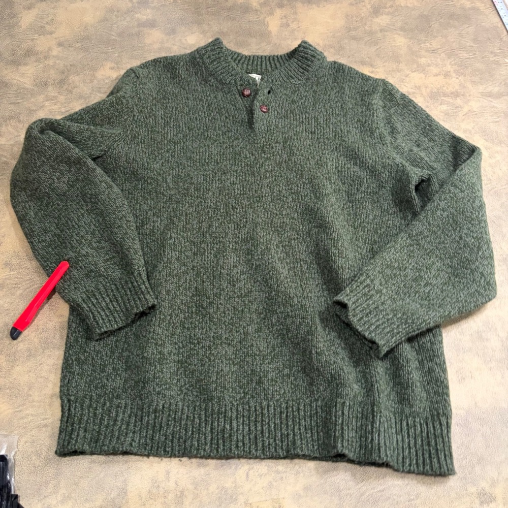 LL Bean Henley Sweater Mens XL Tall Green Lambswool Knit 285175